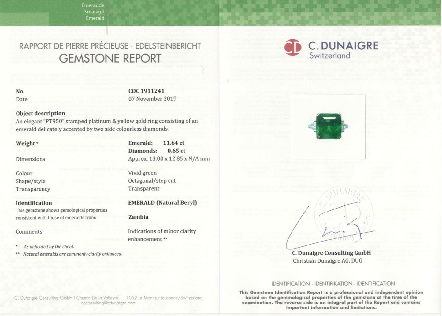 Emilio Jewelry 12.29 Carat Emerald Diamond Ring