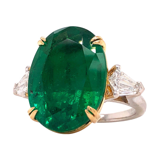 Emilio Jewelry 12.92 Carat Vivid Green Oval Emerald Diamond Ring