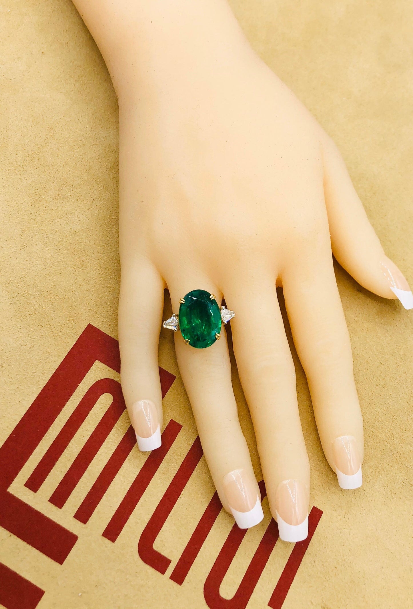 Emilio Jewelry 12.92 Carat Vivid Green Oval Emerald Diamond Ring