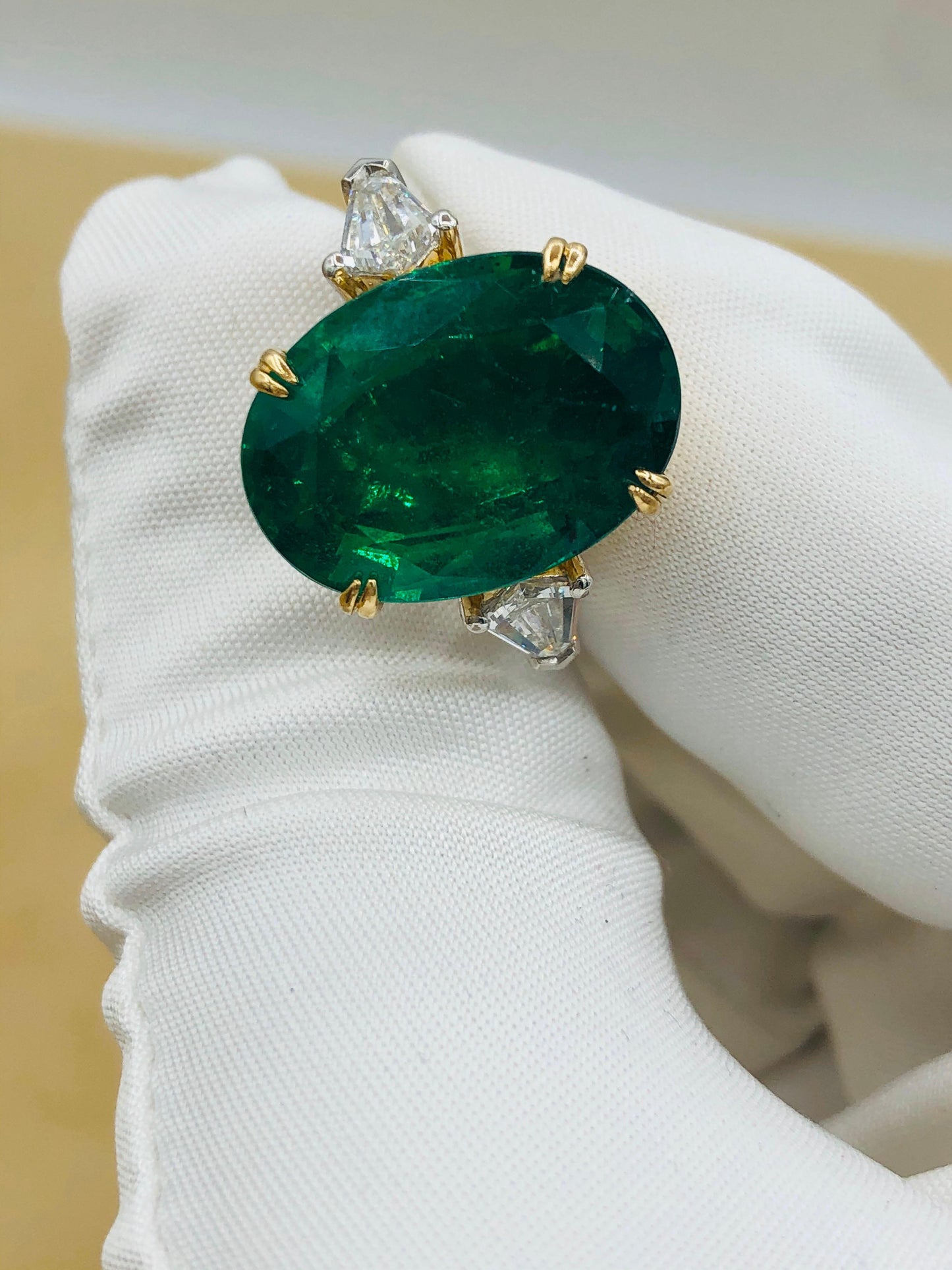 Emilio Jewelry 12.92 Carat Vivid Green Oval Emerald Diamond Ring