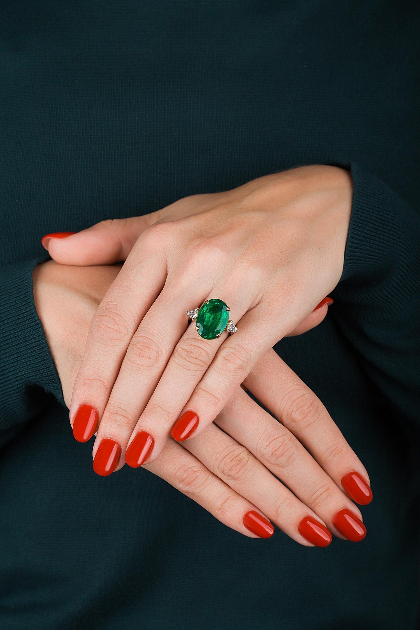 Emilio Jewelry 12.92 Carat Vivid Green Oval Emerald Diamond Ring