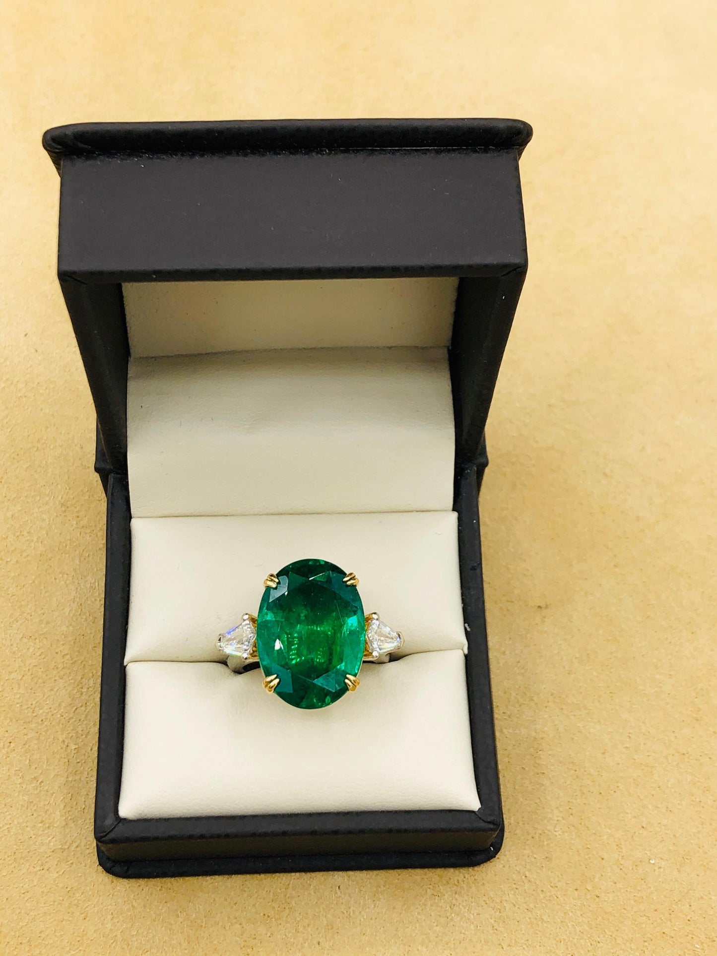 Emilio Jewelry 12.92 Carat Vivid Green Oval Emerald Diamond Ring