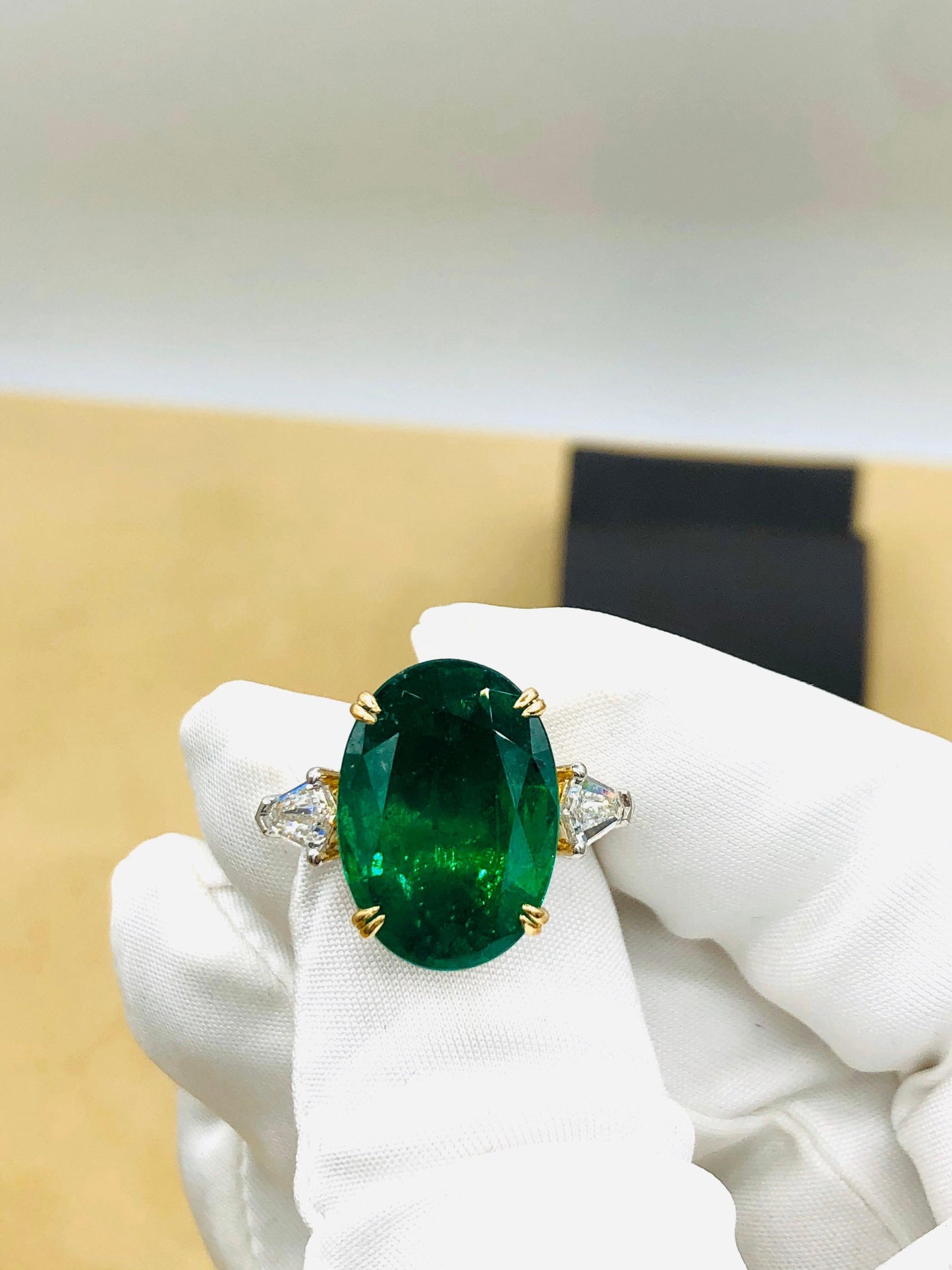 Emilio Jewelry 12.92 Carat Vivid Green Oval Emerald Diamond Ring