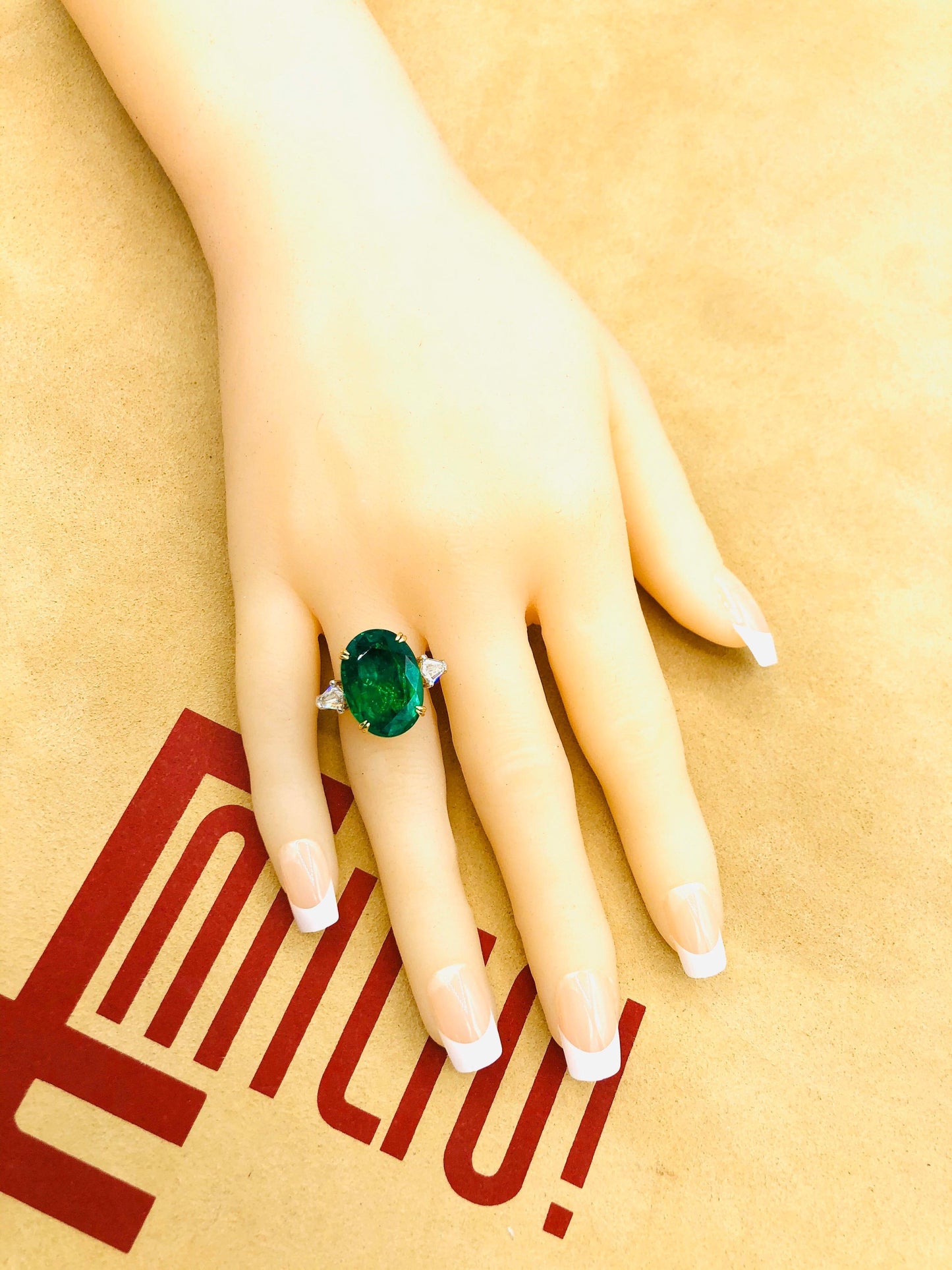Emilio Jewelry 12.92 Carat Vivid Green Oval Emerald Diamond Ring
