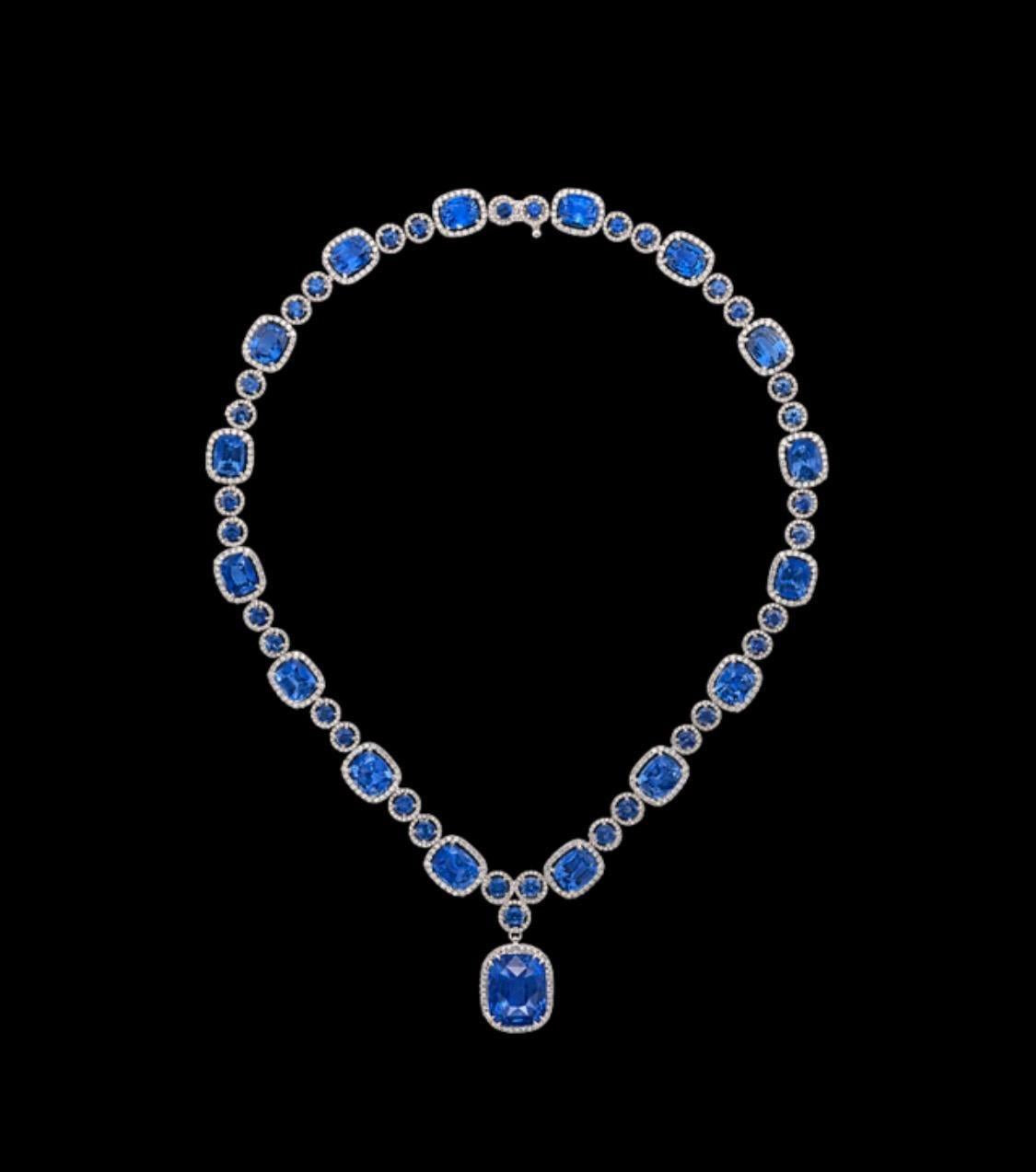 Emilio Jewelry 23.00 Carat GIA Certified Natural Sapphire Diamond Necklace