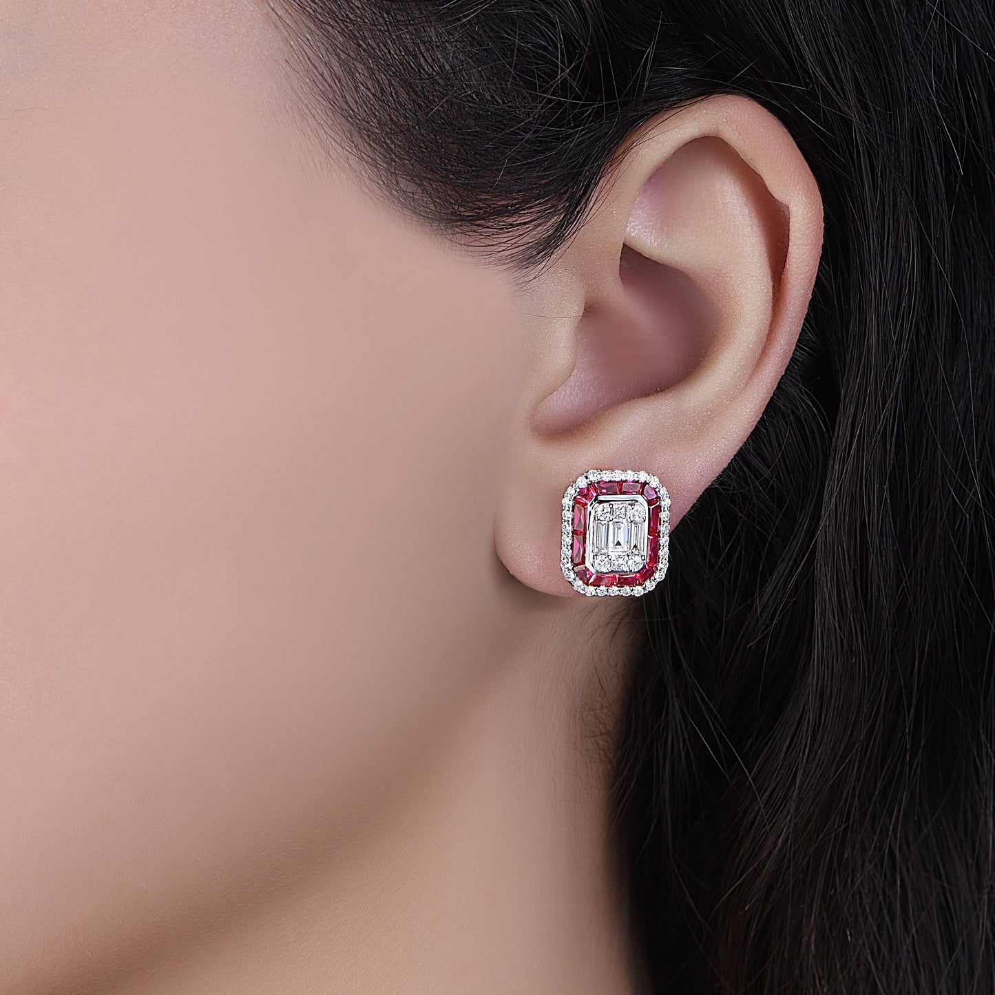 Emilio Jewelry 3.45 Carat Unique Ruby Diamond Stud Earrings