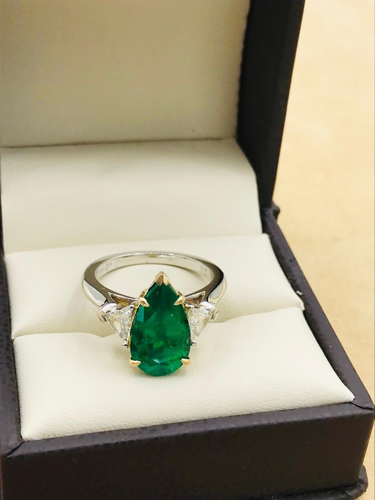 Emilio Jewelry 4.40 Carat Colombian Pear Shape Emerald Diamond Ring