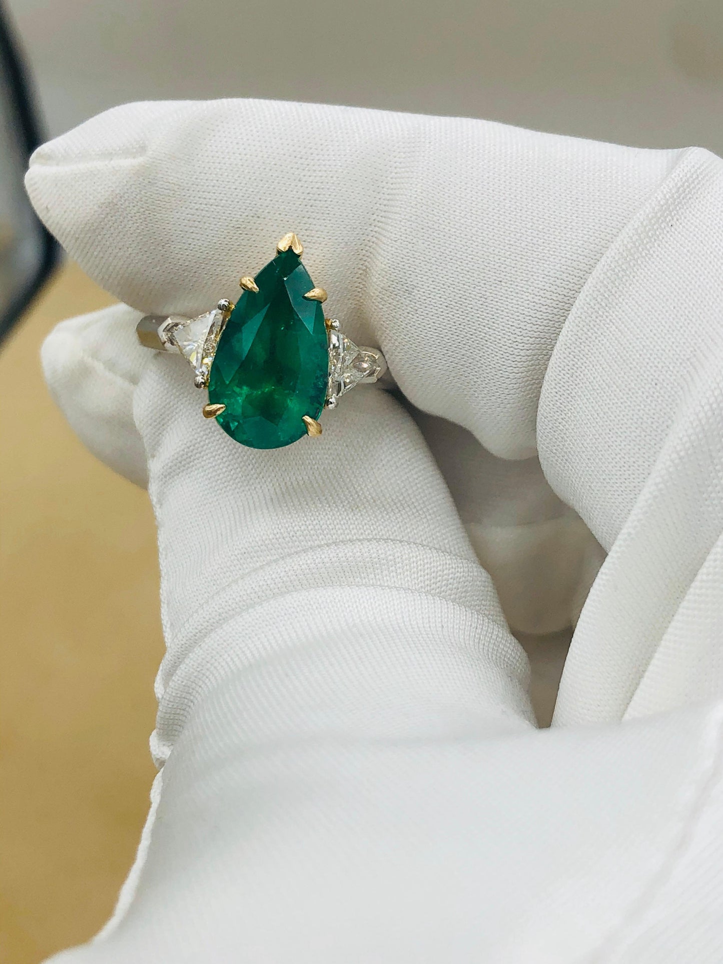 Emilio Jewelry 4.40 Carat Colombian Pear Shape Emerald Diamond Ring