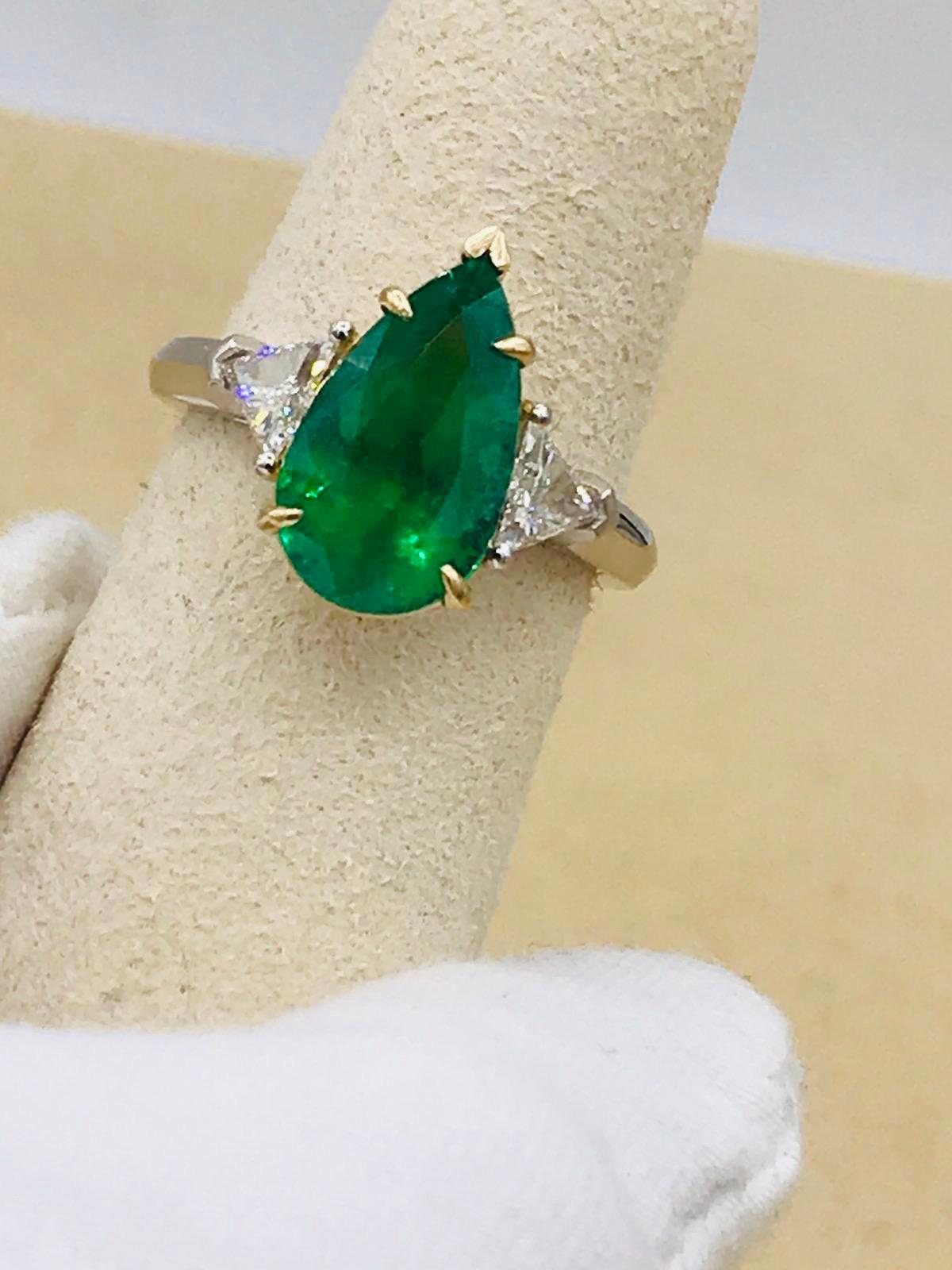 Emilio Jewelry 4.40 Carat Colombian Pear Shape Emerald Diamond Ring