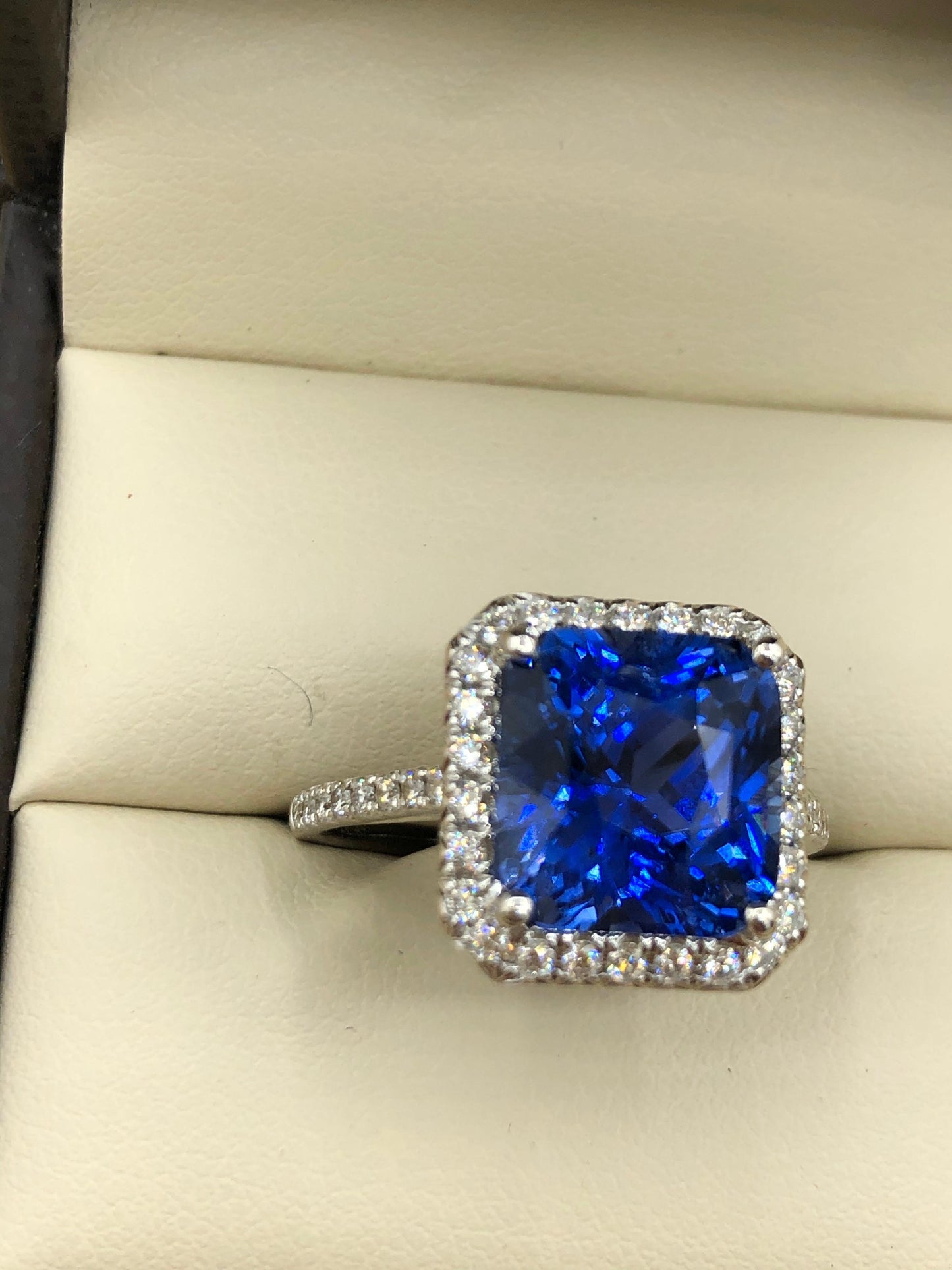 Emilio Jewelry 7.69 Carat AGL Certified Radiant Sapphire Diamond Ring