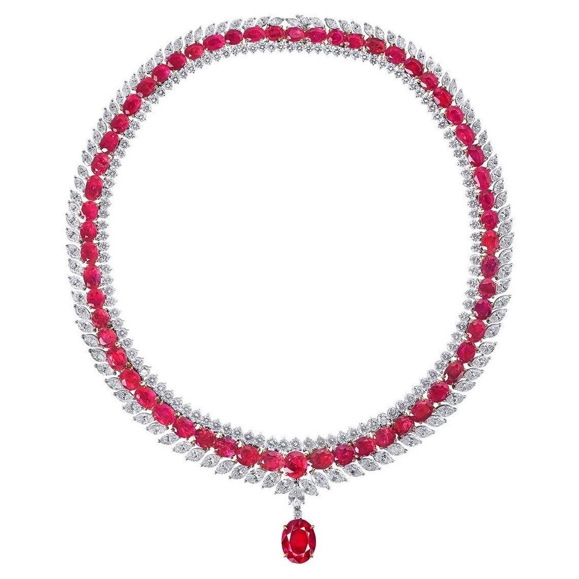 Emilio Jewelry Certified 110.00 Carat Burma No Heat Vivid Red Ruby Necklace