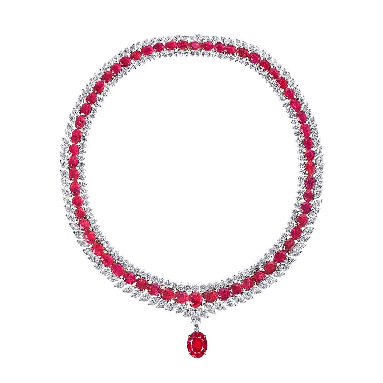Emilio Jewelry Certified 110.00 Carat Burma No Heat Vivid Red Ruby Necklace