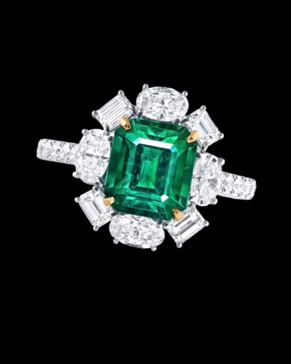 Emilio Jewelry Certified 2.69 Carat Untreated No Oil Emerald Diamond Ring