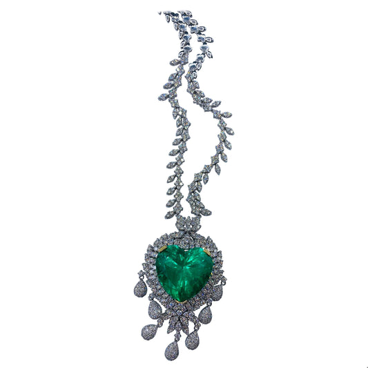 Emilio Jewelry Certified 54 Carat Vivid Green Colombian Emerald Heart Necklace
