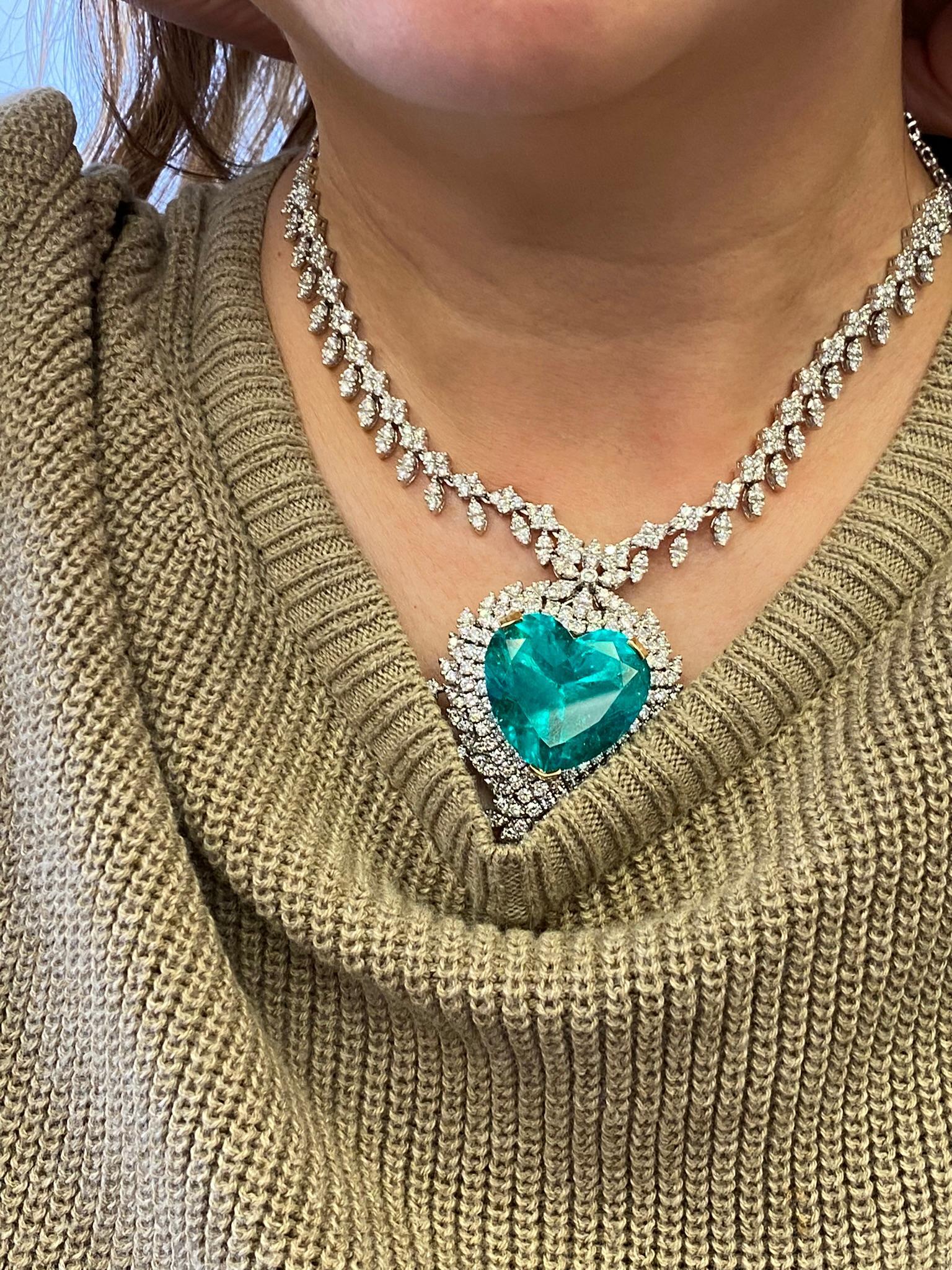 Emilio Jewelry Certified 54 Carat Vivid Green Colombian Emerald Heart Necklace