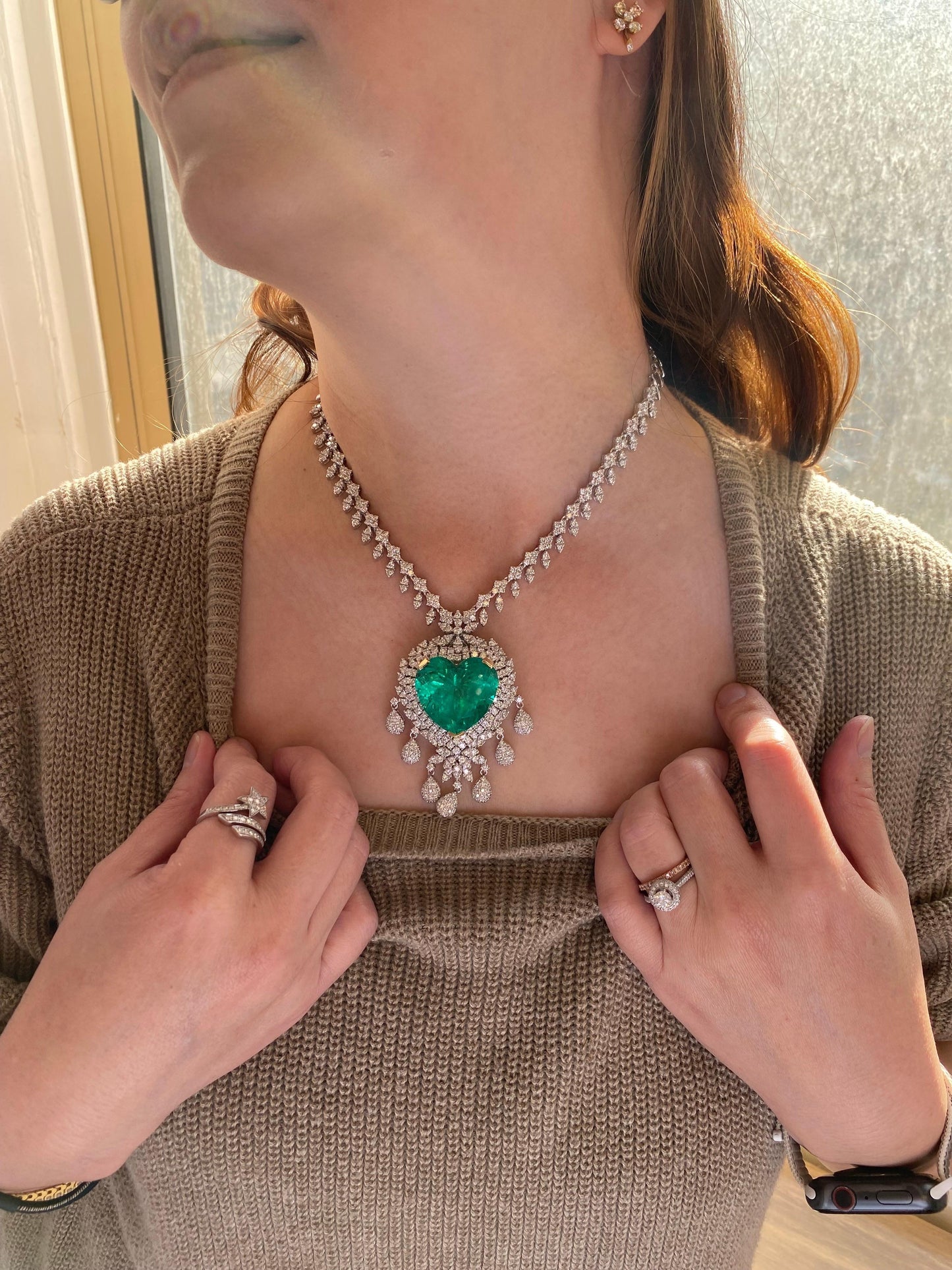 Emilio Jewelry Certified 54 Carat Vivid Green Colombian Emerald Heart Necklace
