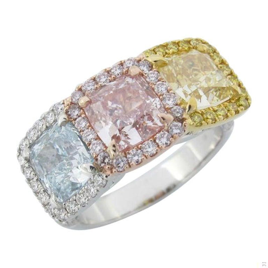 Emilio Jewelry GIA Certified 3.88 Carat Pink, Blue, and Yellow Diamond Band