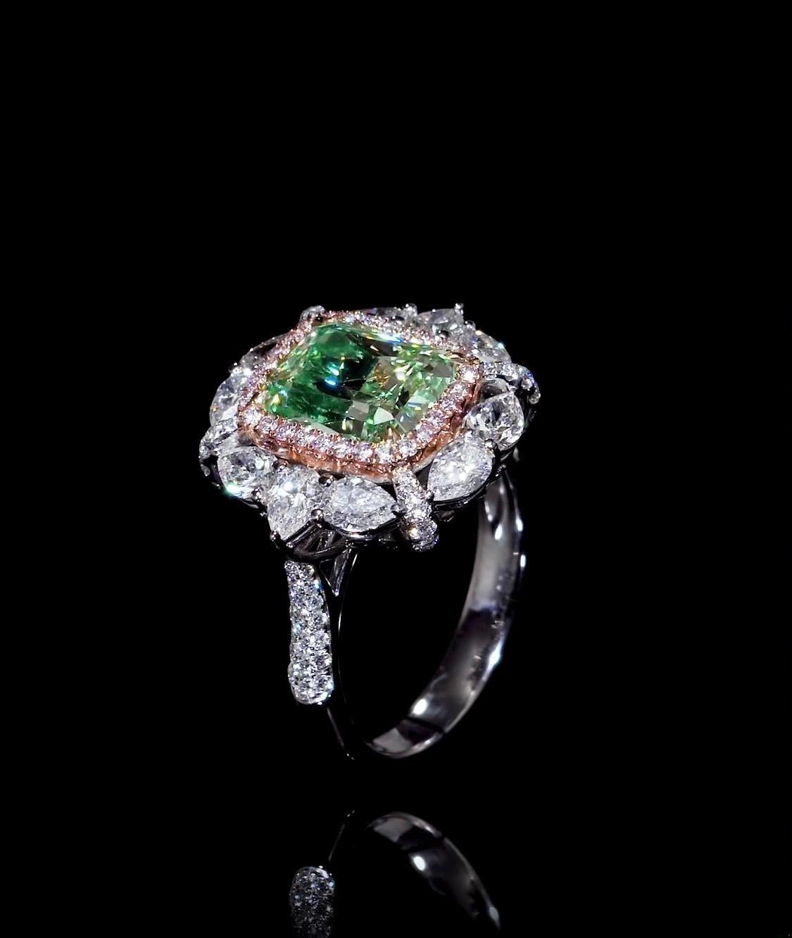 Emilio Jewelry GIA Certified 4.00 Carat Fancy Green Yellow Diamond Ring
