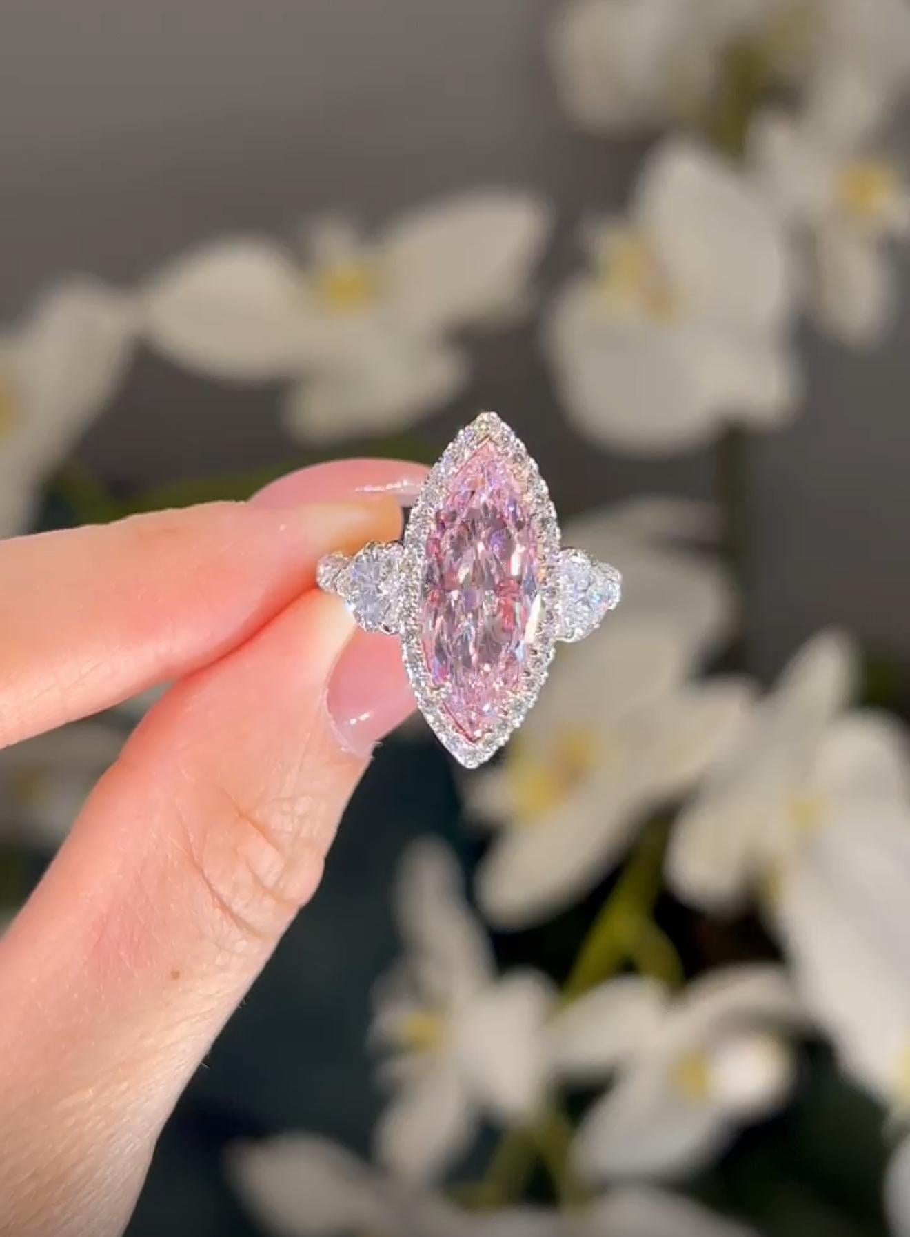 Emilio Jewelry Gia Certified 4.00 Carat Fancy Light Pink Marquise Diamond Ring