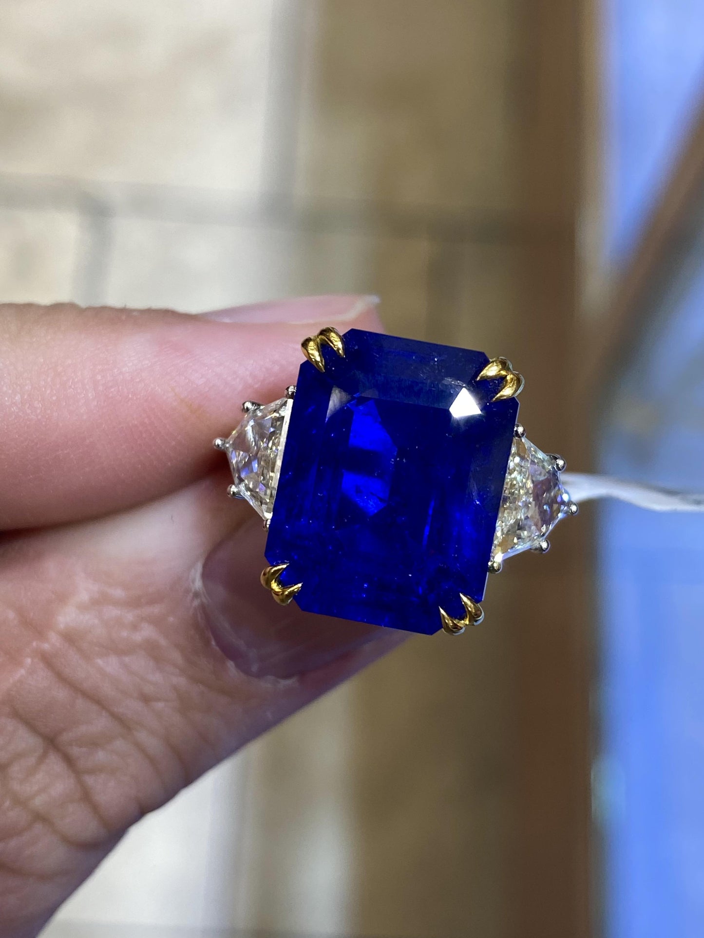 Emilio Jewelry 18 Carat Emerald Cut Sapphire Diamond Ring