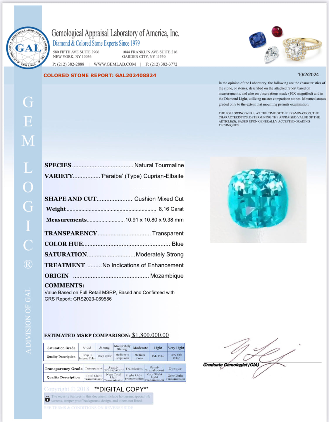 Emilio Jewelry Certified 8.00 Carat No Heat Paraiba