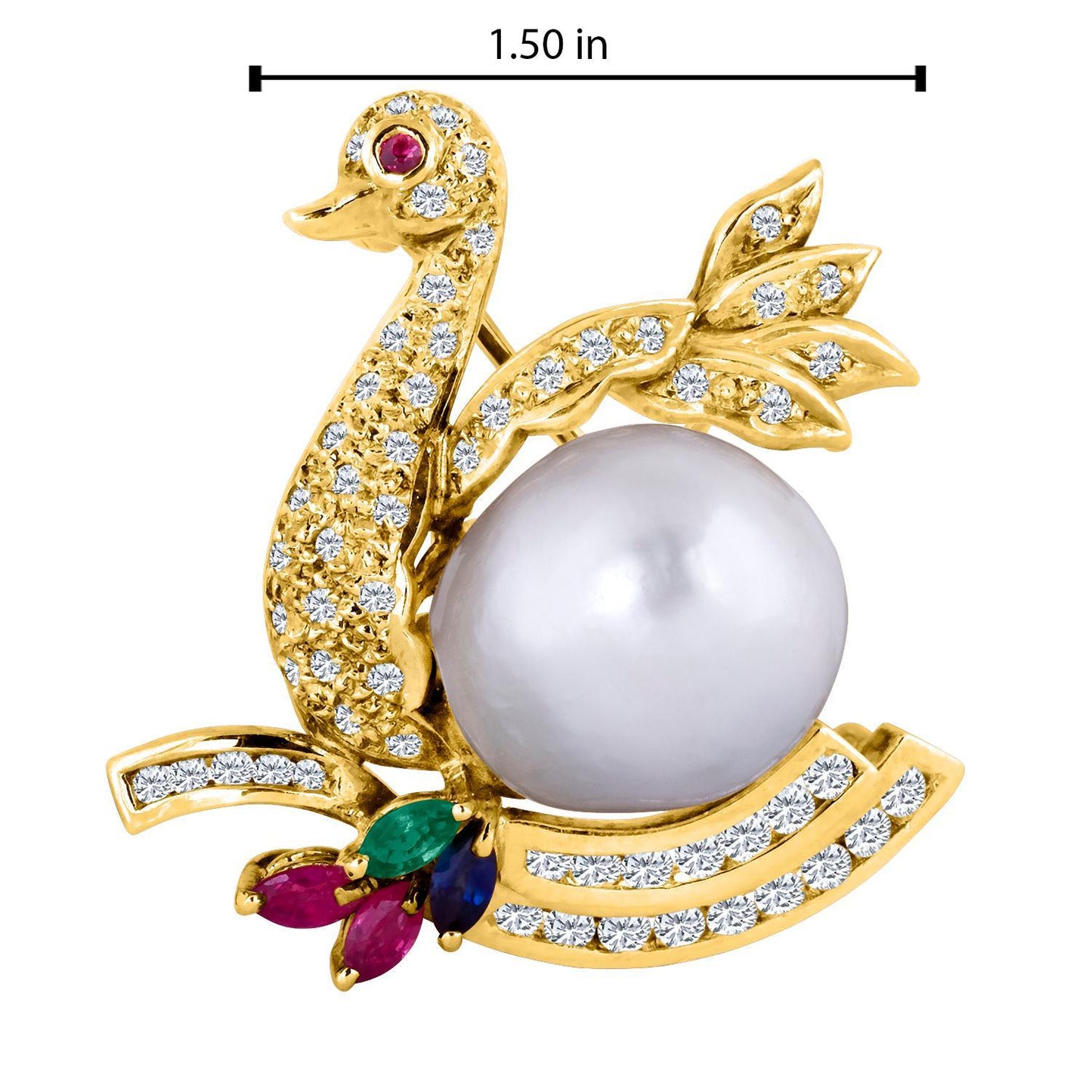 18 Karat Yellow Gold Diamond Swan Brooch with a South Sea Pearl Belly