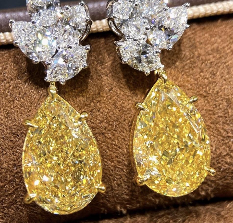 Emilio Jewelry Gia Certified 14.00 Carat Fancy Yellow Pear Diamond Earrings