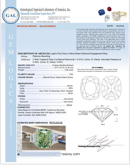 Emilio Jewelry GIA Certified 4.20 Carat Fancy Yellow Green Diamond Ring