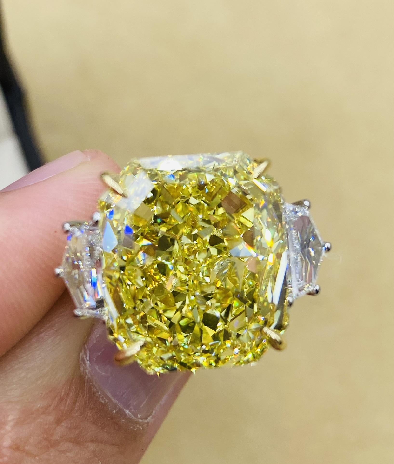 Emilio Jewelry Gia Certified 16.00 Carat Fancy Intense Yellow Diamond Ring