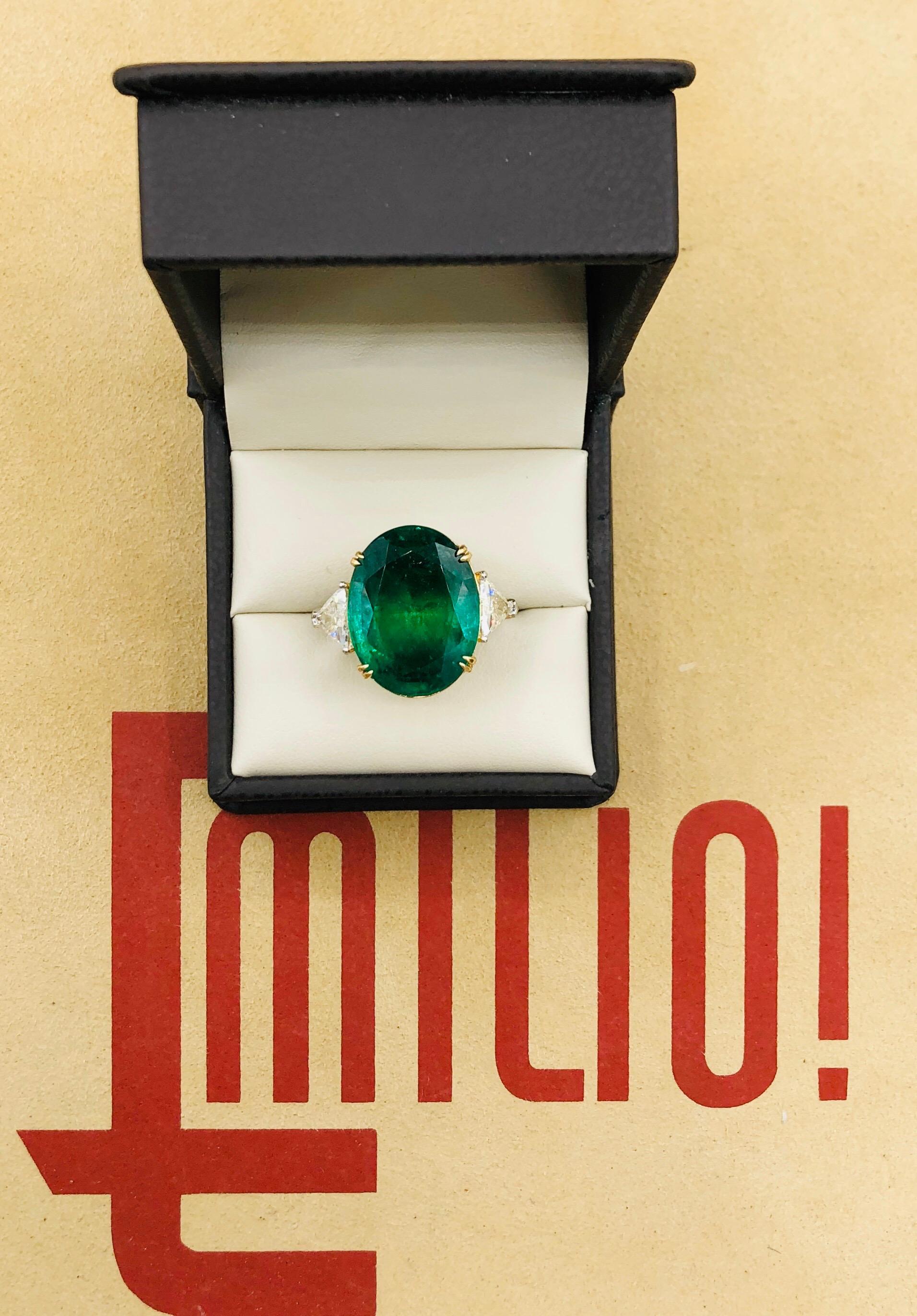 Emilio Jewelry 17.37 Carat Vivid Green Oval Emerald Diamond Ring