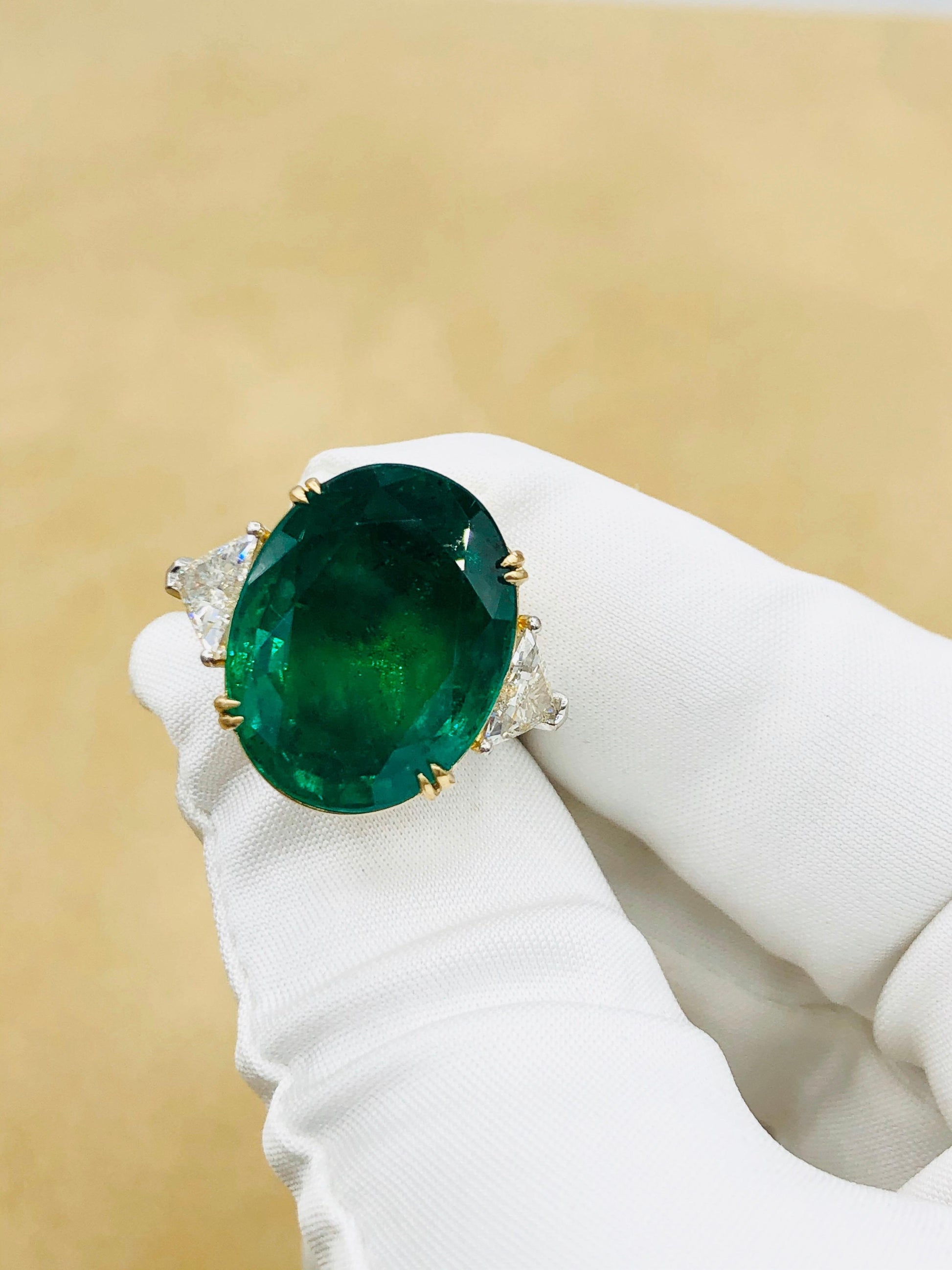 Emilio Jewelry 17.37 Carat Vivid Green Oval Emerald Diamond Ring