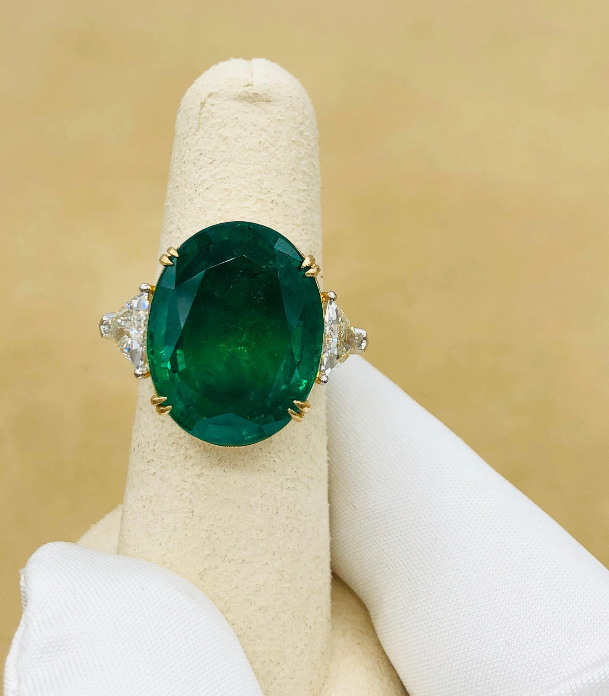 Emilio Jewelry 17.37 Carat Vivid Green Oval Emerald Diamond Ring