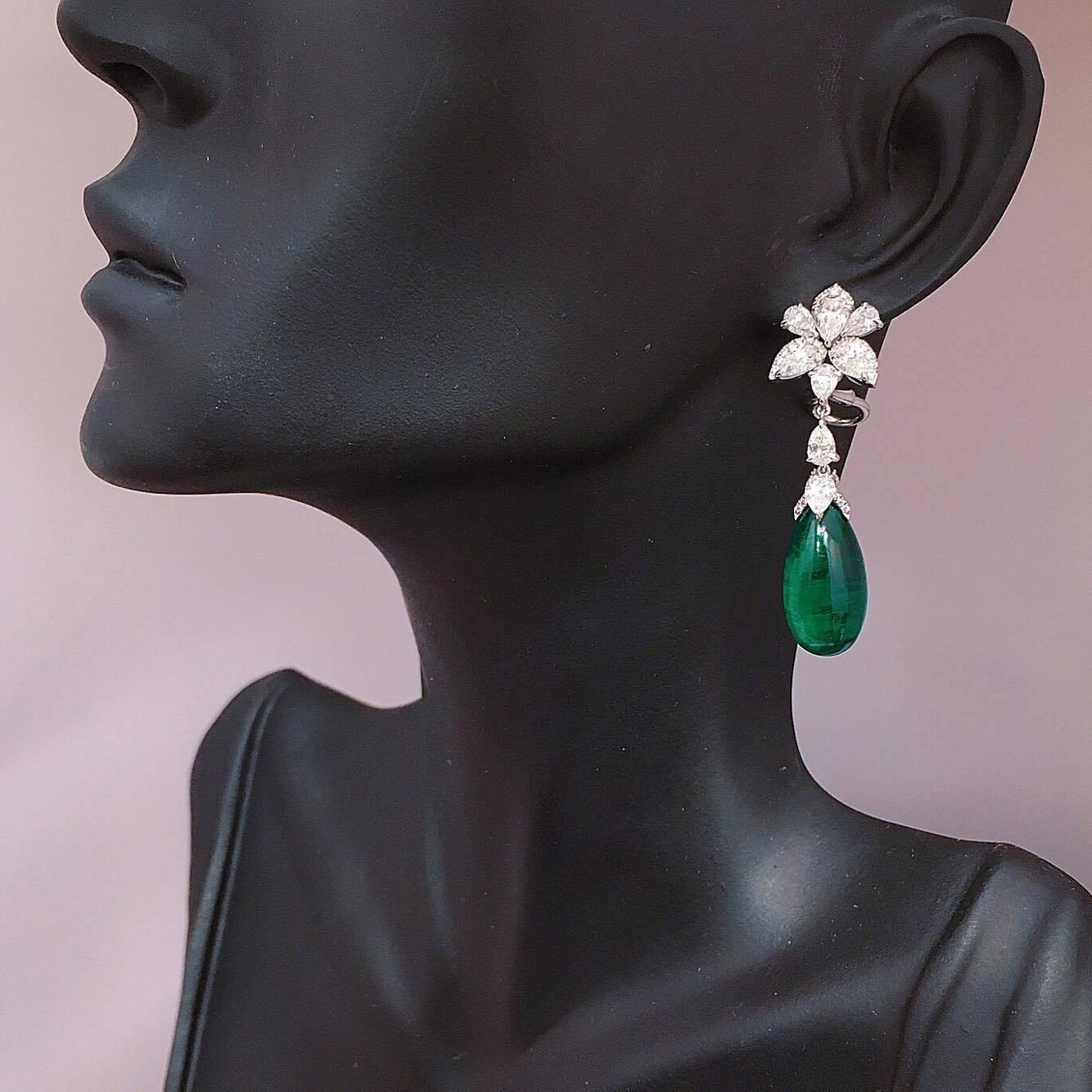 Emilio Jewelry 25.21 Carat Oval Cabochon Emeralds Diamonds Gold Earrings