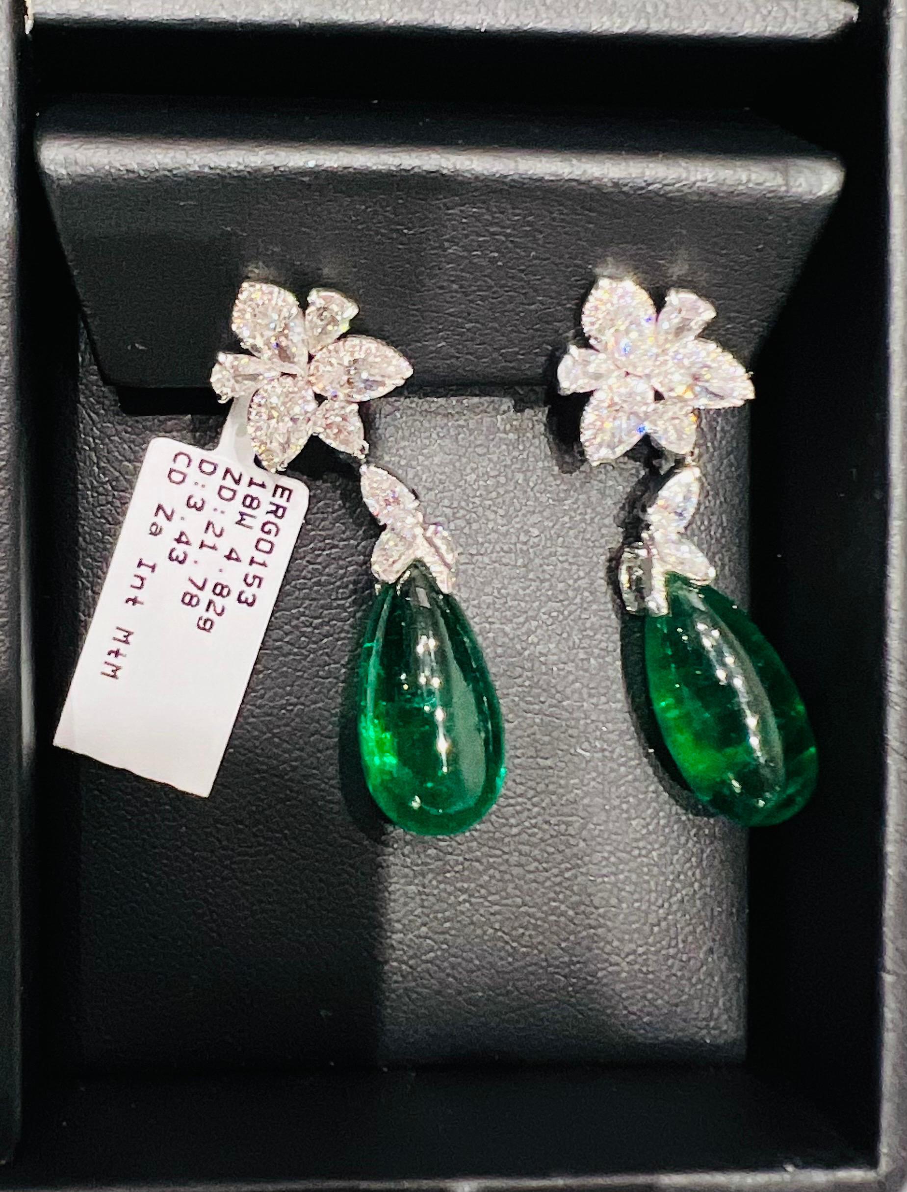 Emilio Jewelry 25.21 Carat Oval Cabochon Emeralds Diamonds Gold Earrings