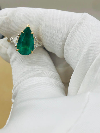 Emilio Jewelry 4.40 Carat Colombian Pear Shape Emerald Diamond Ring