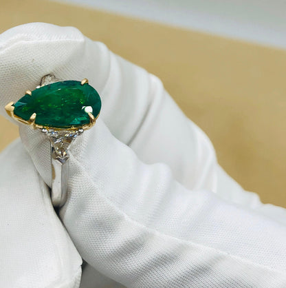 Emilio Jewelry 4.40 Carat Colombian Pear Shape Emerald Diamond Ring