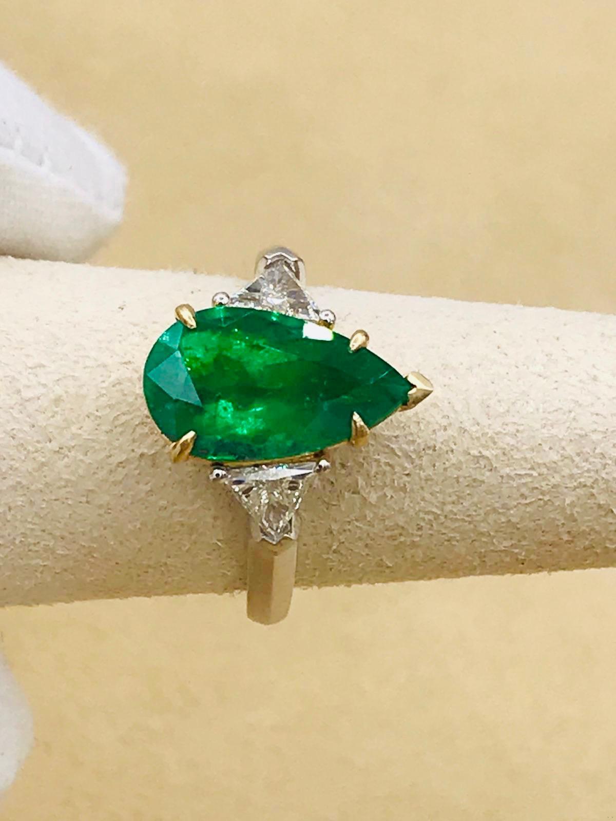 Emilio Jewelry 4.40 Carat Colombian Pear Shape Emerald Diamond Ring