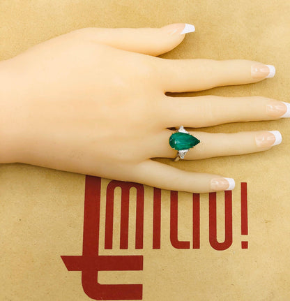 Emilio Jewelry 4.40 Carat Colombian Pear Shape Emerald Diamond Ring