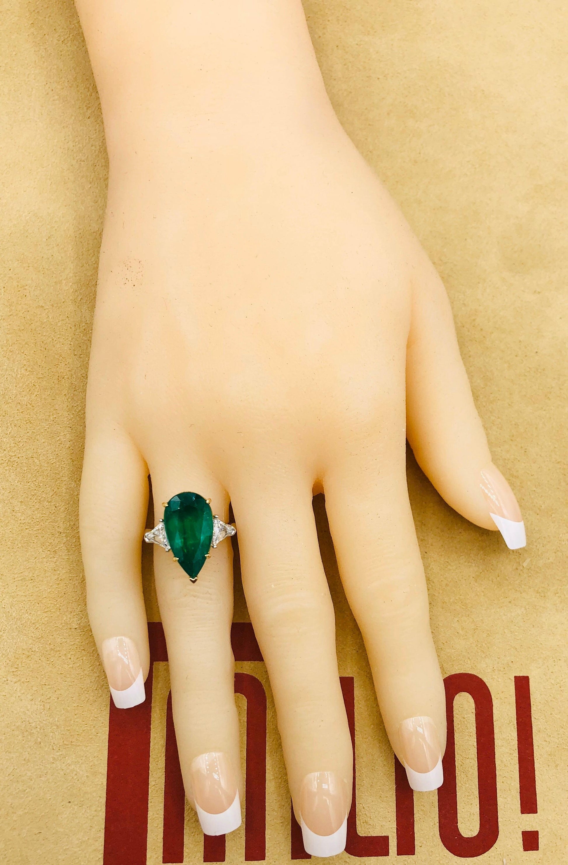 Emilio Jewelry 4.40 Carat Colombian Pear Shape Emerald Diamond Ring