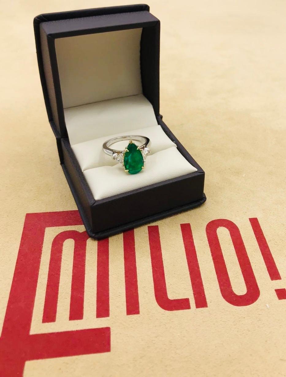 Emilio Jewelry 4.40 Carat Colombian Pear Shape Emerald Diamond Ring