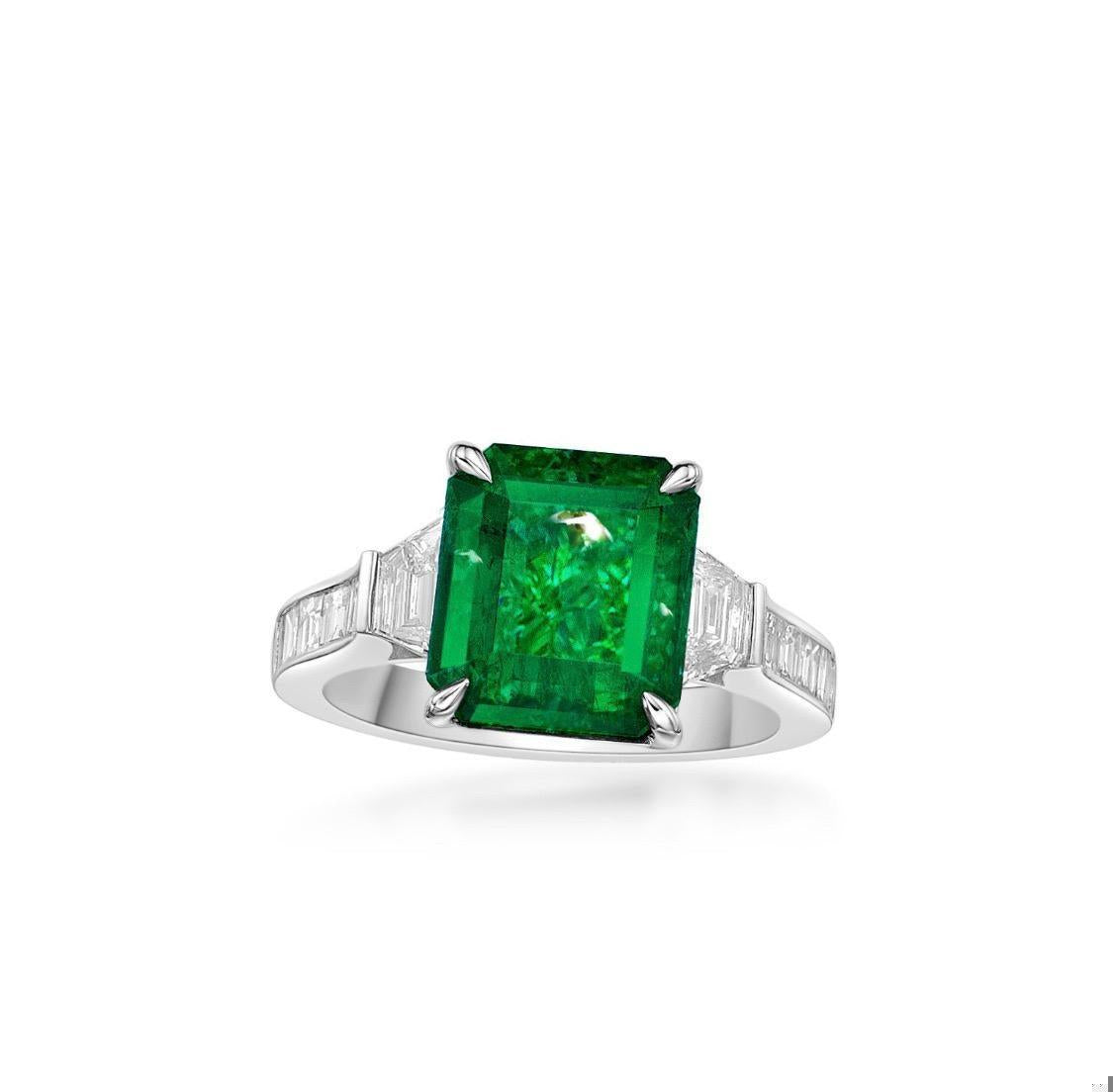Emilio Jewelry Certified 5.94 Carat Vivid Green Muzo Colombian Emerald Ring