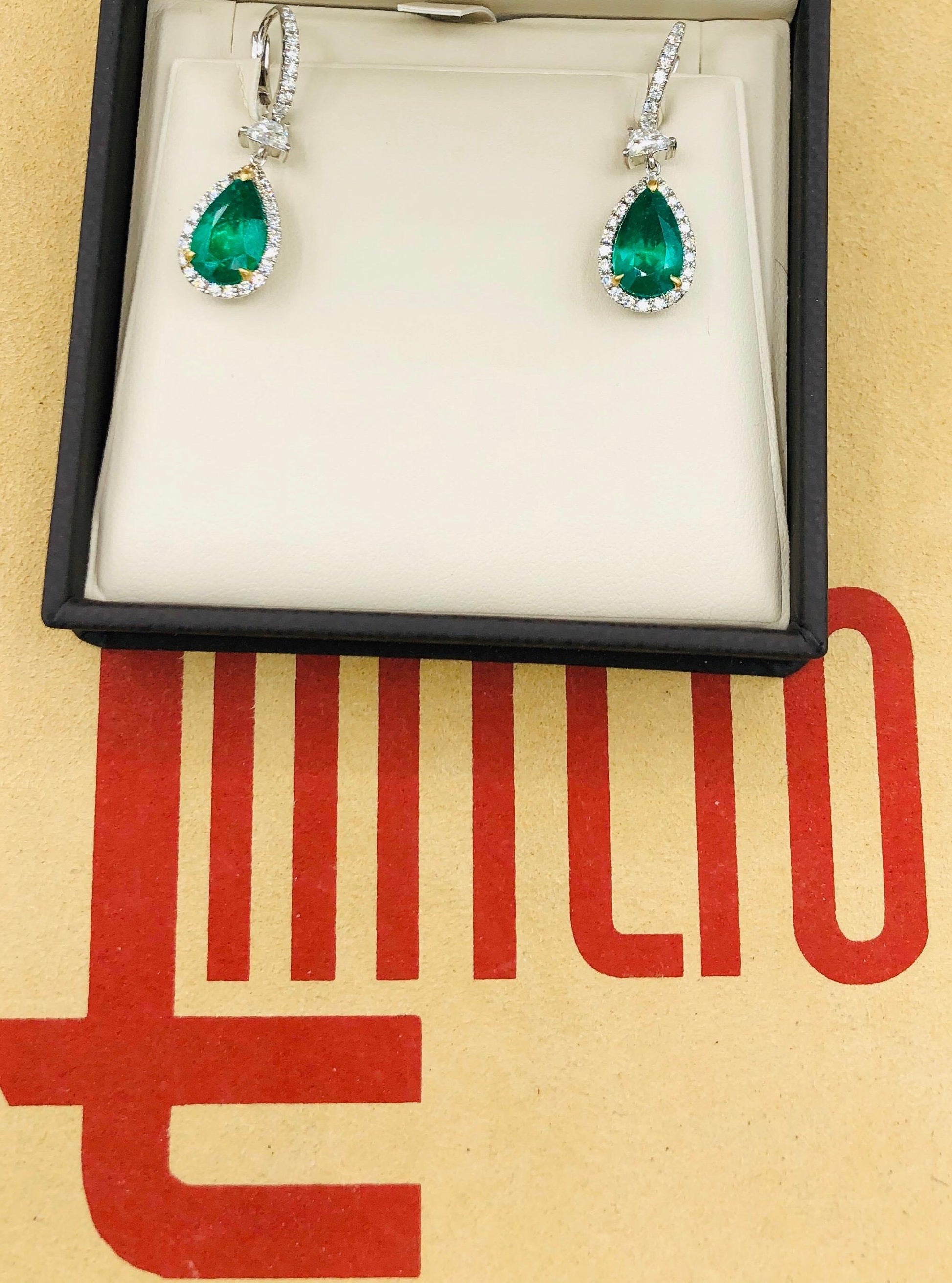 Emilio Jewelry Certified 6.70 Carat Vivid Green Colombian Emerald Earrings