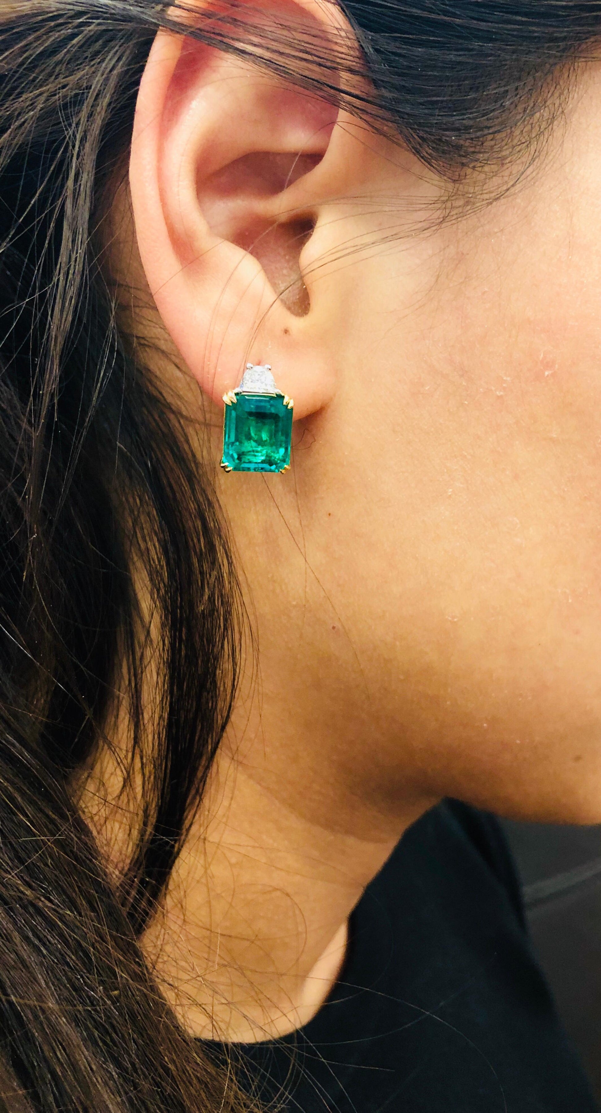 Emilio Jewelry Certified 9.65 Carat Genuine Emerald Diamond Platinum Earrings