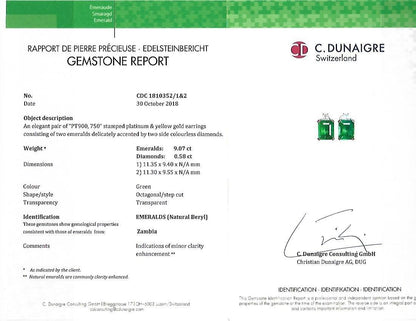 Emilio Jewelry Certified 9.65 Carat Genuine Emerald Diamond Platinum Earrings