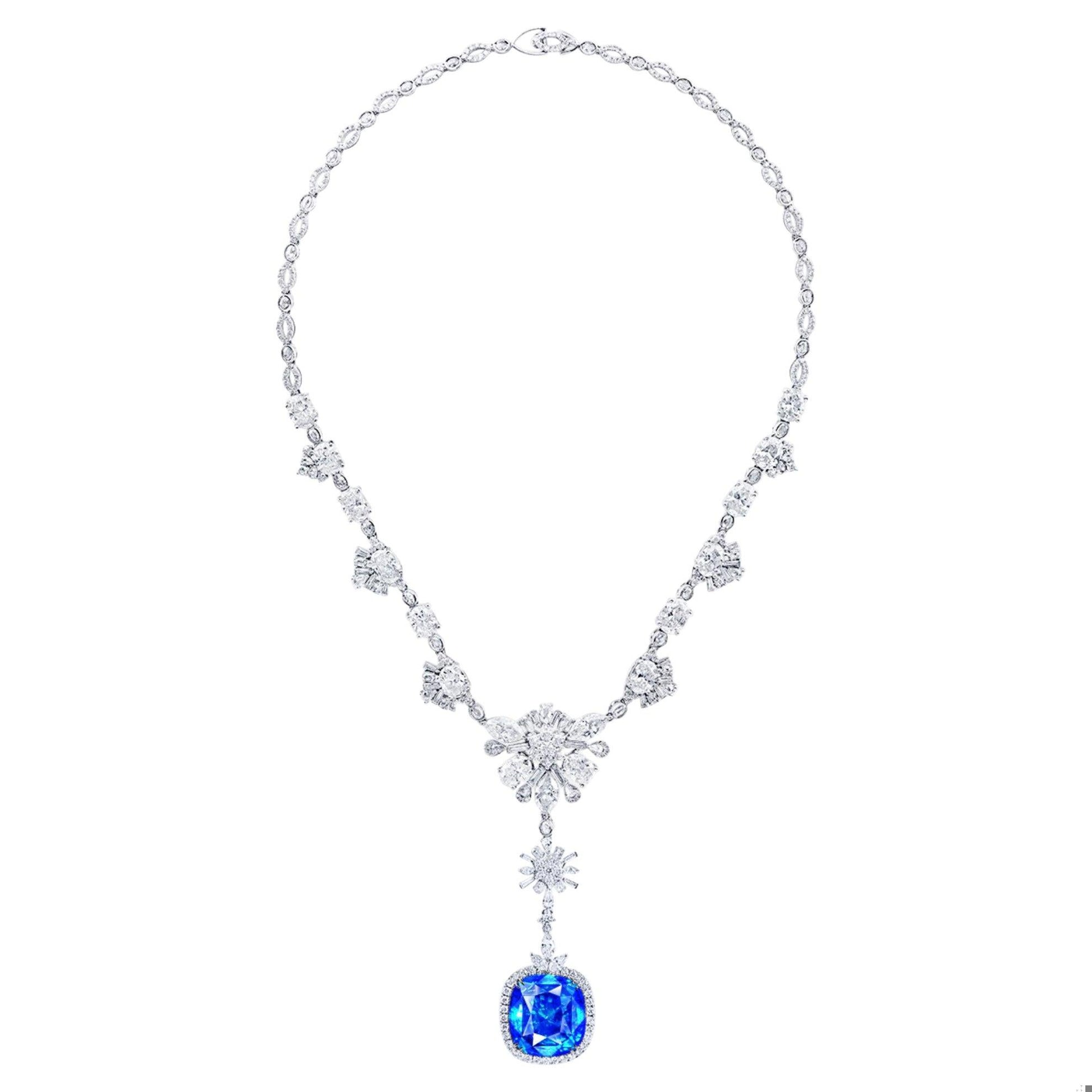Emilio Jewelry Certified 33 Carat No Heat Sapphire Diamond Necklace