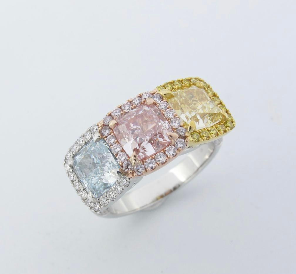 Emilio Jewelry GIA Certified 3.88 Carat Pink, Blue, and Yellow Diamond Band