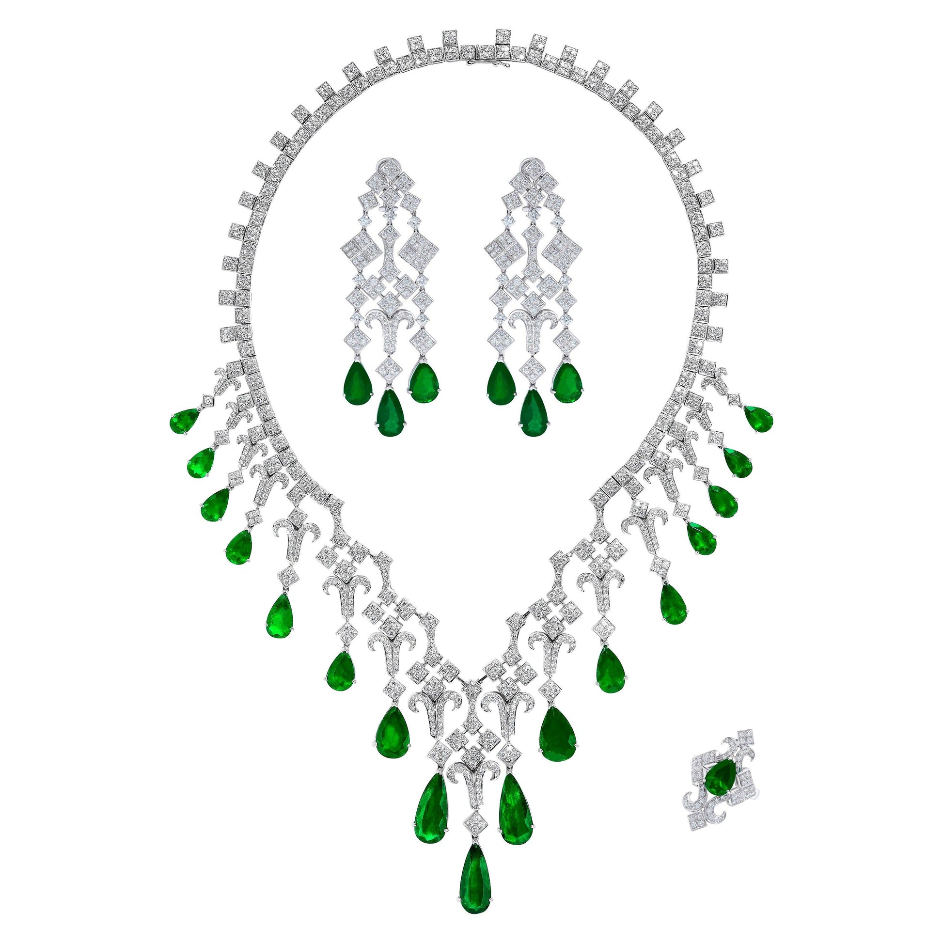 Emilio Jewelry Vivid Green 99.48 Carat Colombian Emerald Suite