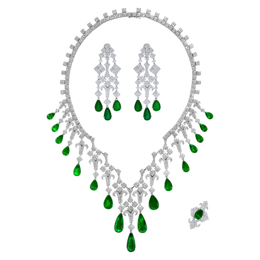 Emilio Jewelry Vivid Green 99.48 Carat Colombian Emerald Suite