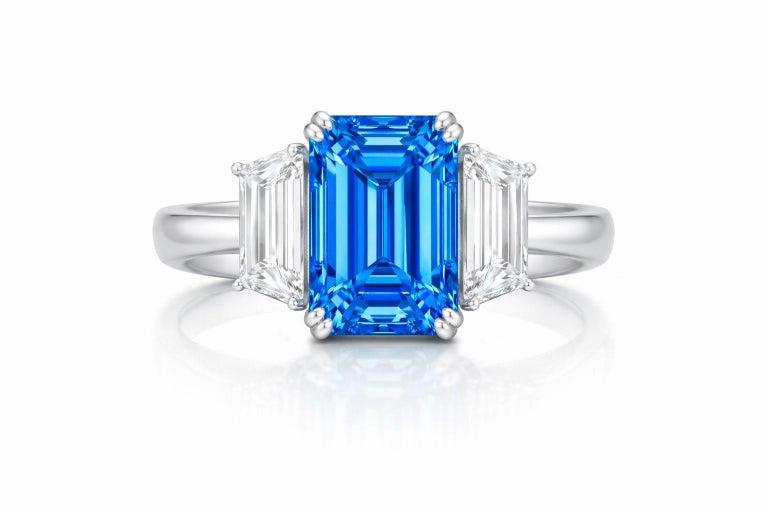 Emilio Jewelry Certified 3.00 Carat Fancy Vivid Blue Emerald Cut Diamond Ring