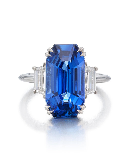Emilio Jewelry AGL Certified 9.10 Carat Burma No Heat Emerald Cut Sapphire Ring